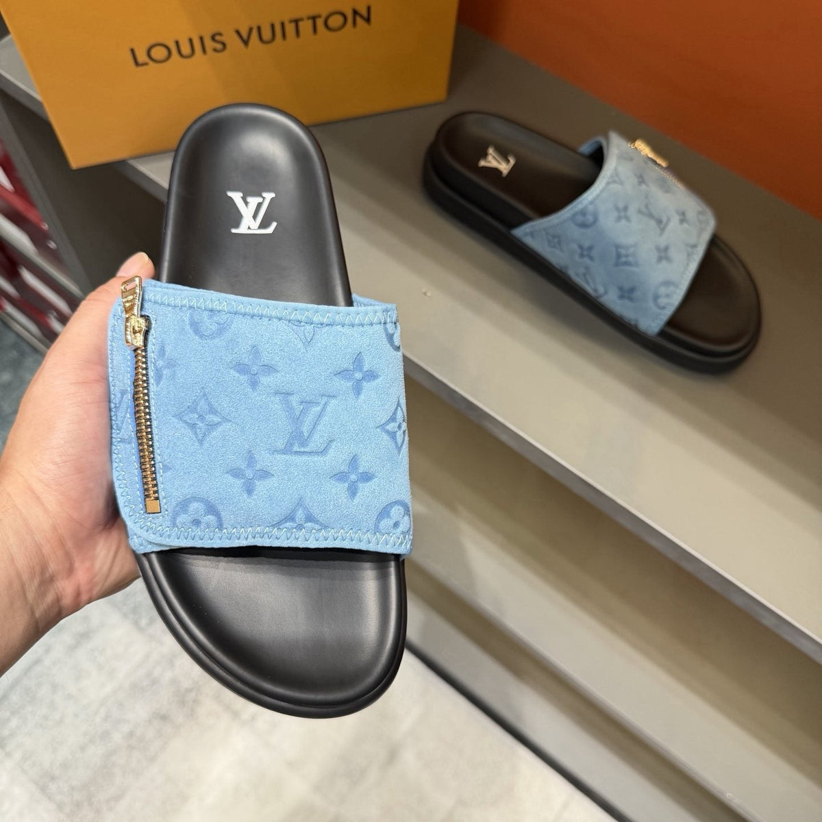 Louis Vuitton Light Blue Zip-Accent Slide Sandals