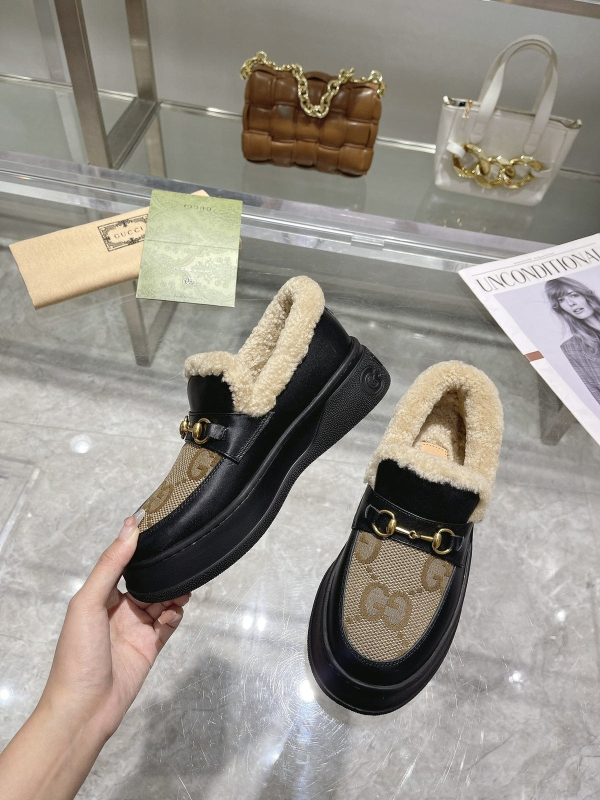 Gucci Patterned Plush-Trim Slip-On Snow Boots