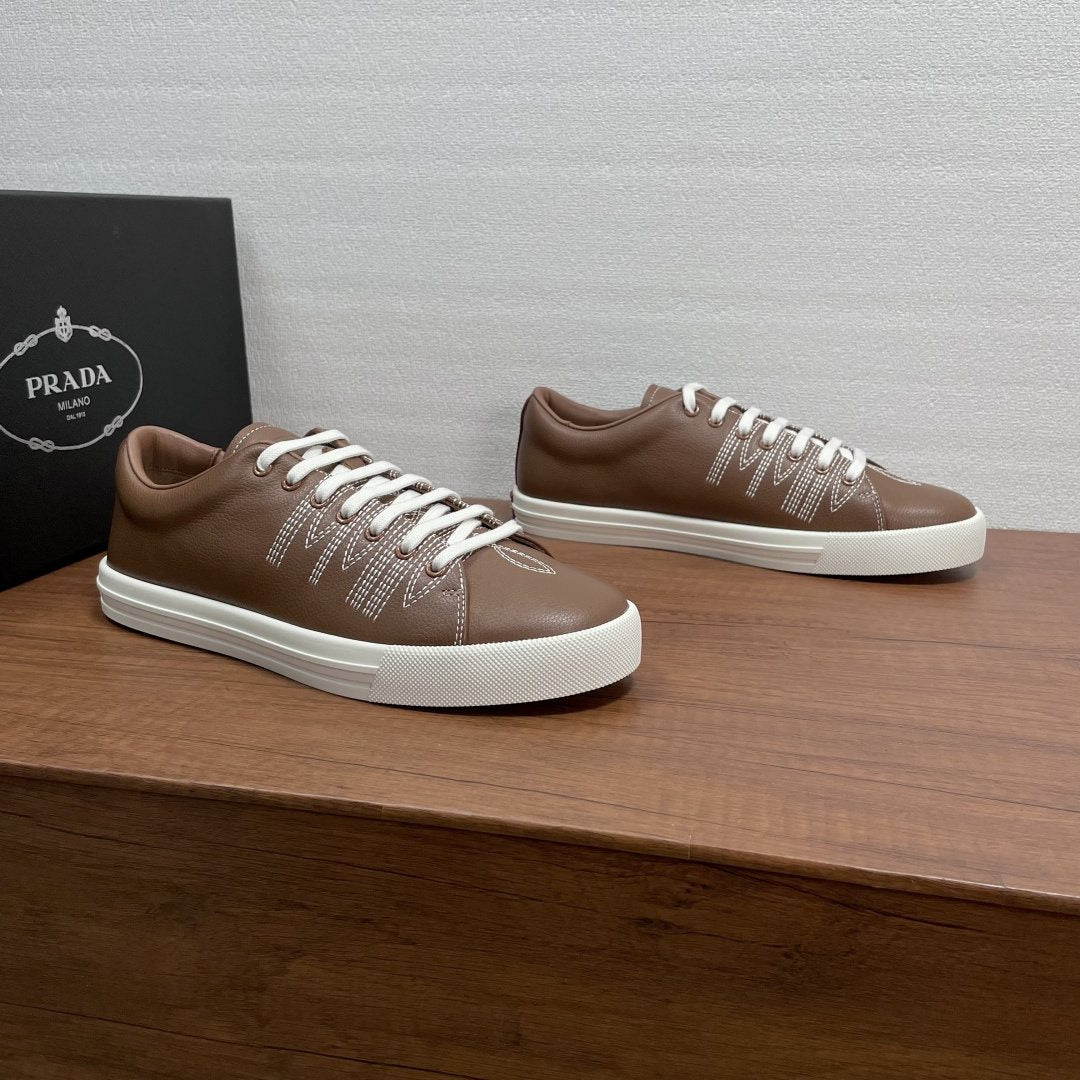 Prada Men's Low-Top Lace-Up Sneakers - Visible Stitched Upper Details