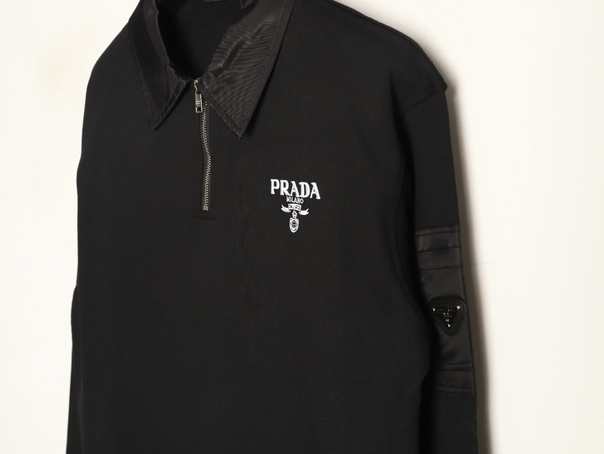 Prada Logo-Detail Collared Half-Zip Sweatshirt - Black